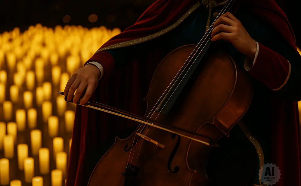 A person plays the cello surrounded by a field of glowing candles.