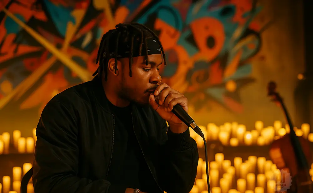 Man with dreadlocks singing into a microphone in front of a colorful mural and a cello.