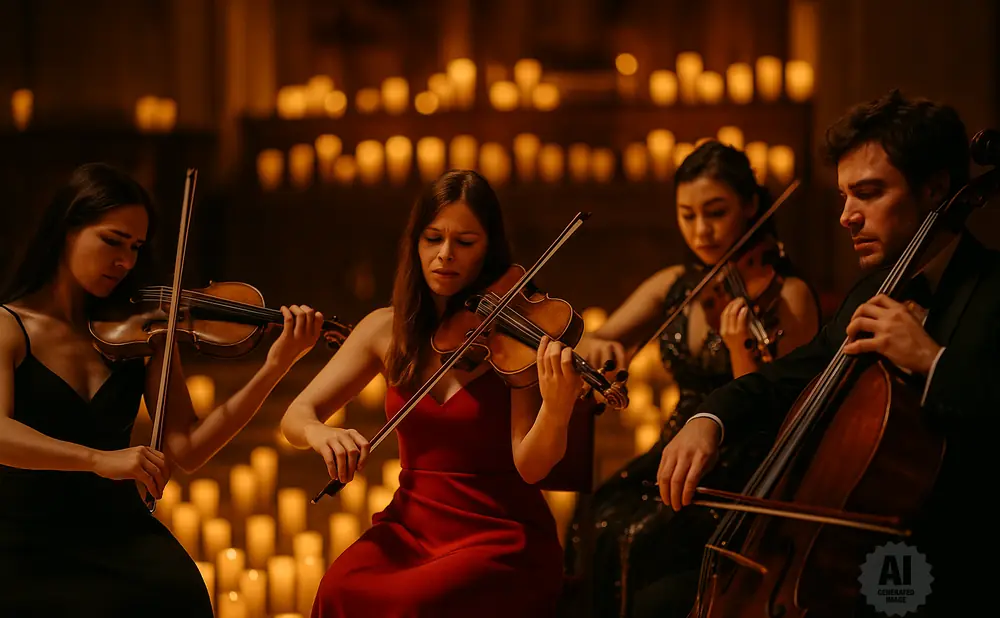 Musicians playing violins and cello by candlelight.