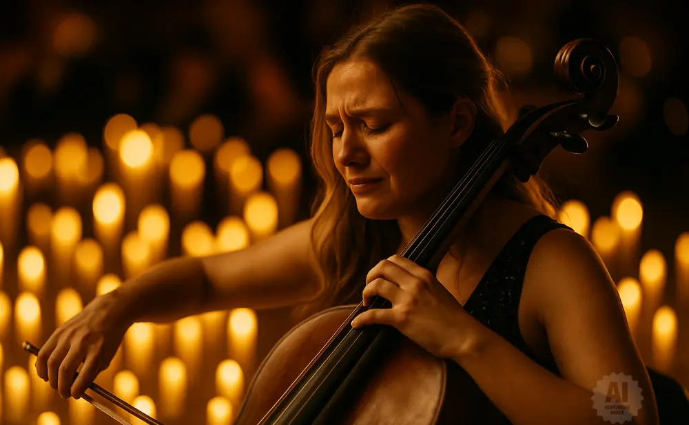 A woman plays the cello with her eyes closed, illuminated by numerous candles in the background.