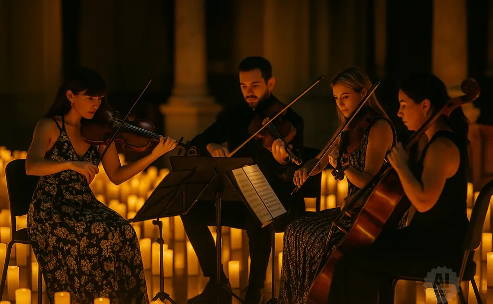 Four musicians play string instruments by candlelight, surrounded by numerous lit candles.