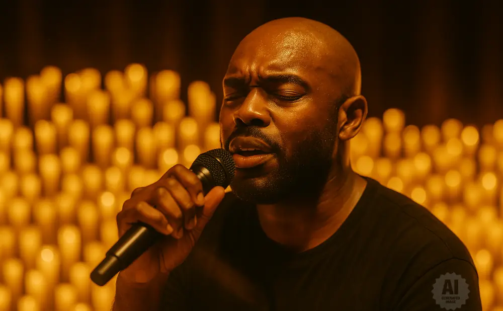 A bald Black man with his eyes closed sings into a microphone, with a background of blurred candles.