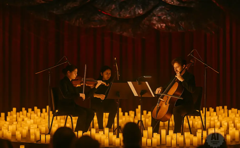 A string trio performs in front of a red curtain, surrounded by a sea of glowing candles.