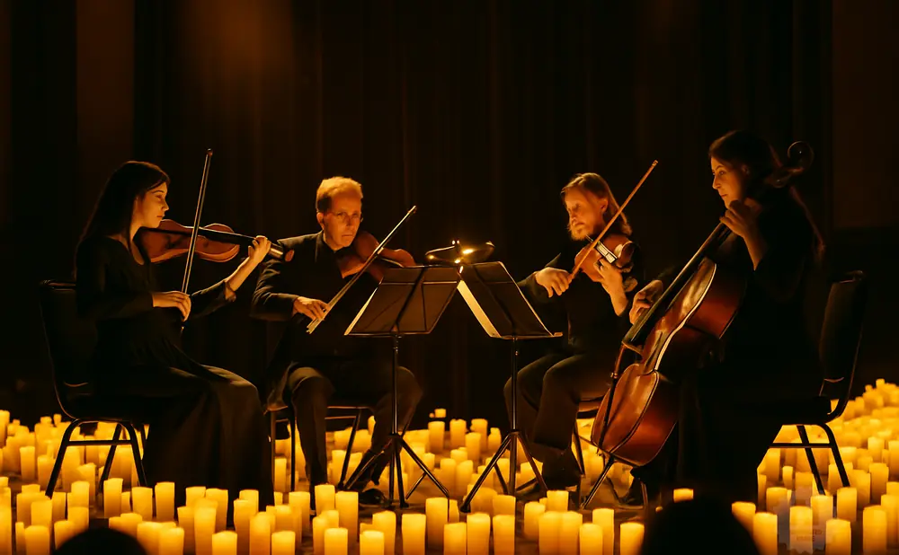 Four musicians play violins and a cello on a stage lit by many candles.