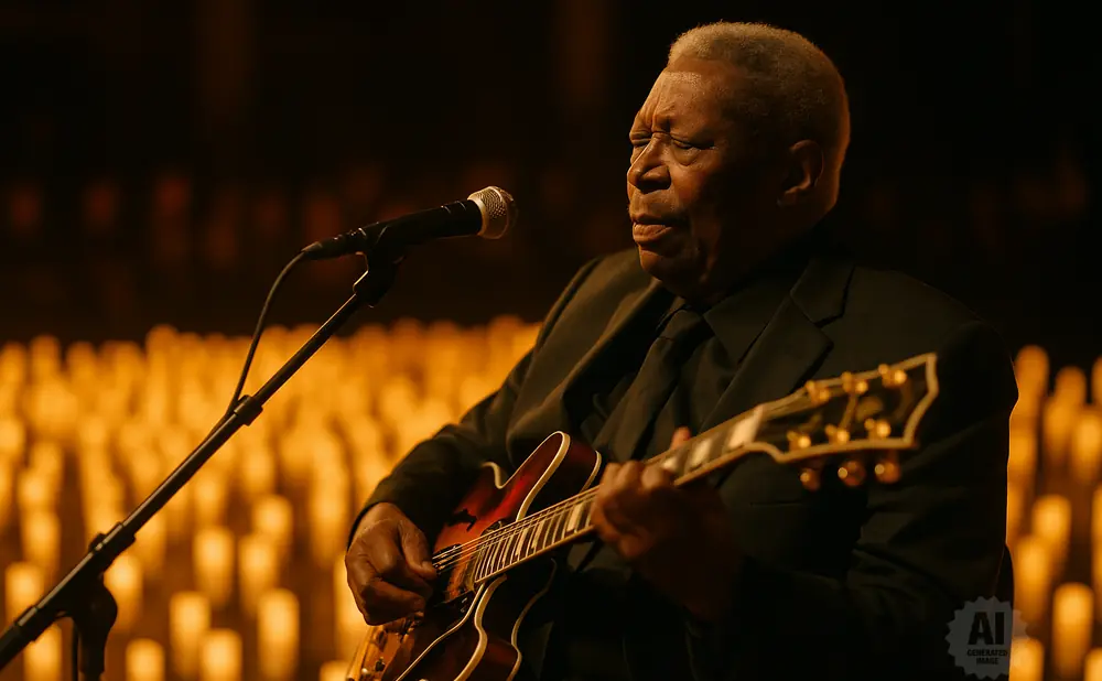 B.B. King plays guitar and sings into a microphone, with a background of blurred, lit candles.