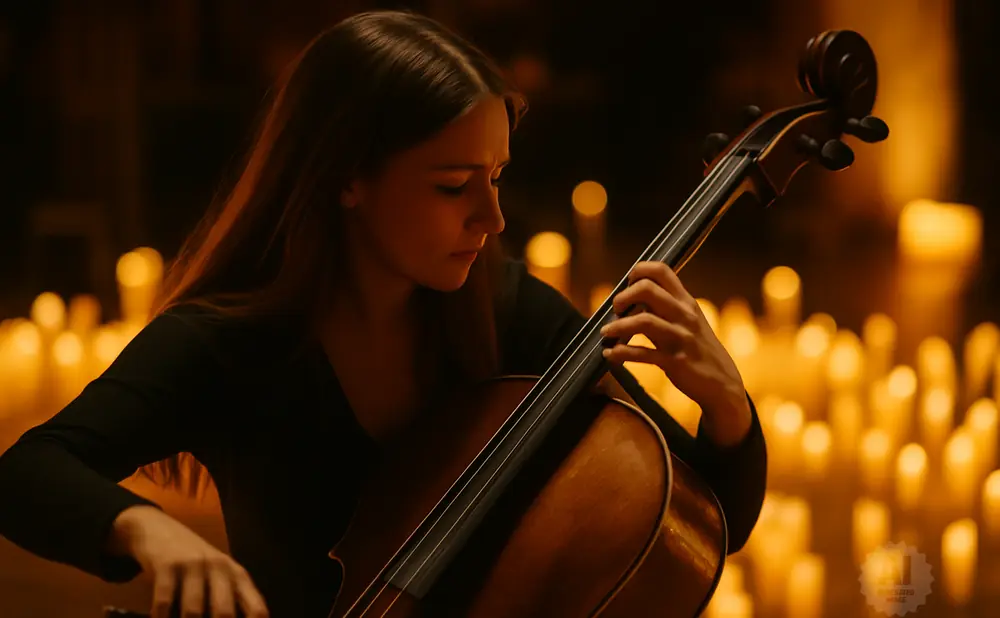 A woman plays the cello in a room lit by many candles.