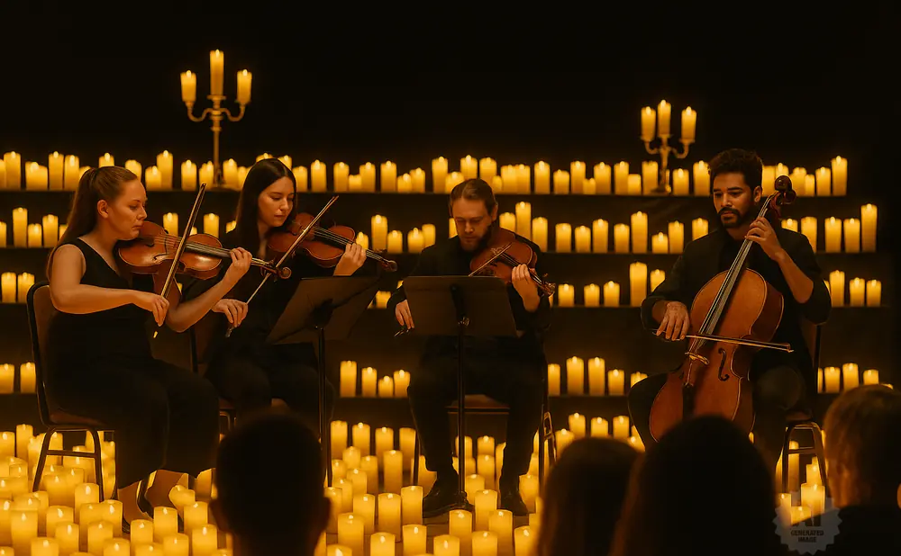 A string quartet performs for an audience amidst a backdrop of flickering candles.