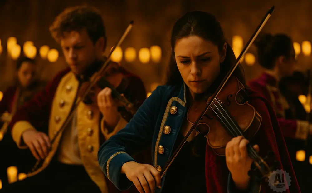 A woman in a blue velvet jacket plays the violin in a dimly lit setting, with a blurred man playing violin behind her.