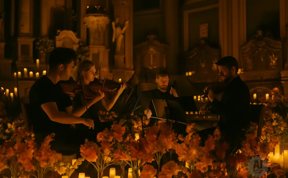 A string quartet performs by candlelight amidst lush floral arrangements, creating an intimate and atmospheric scene.