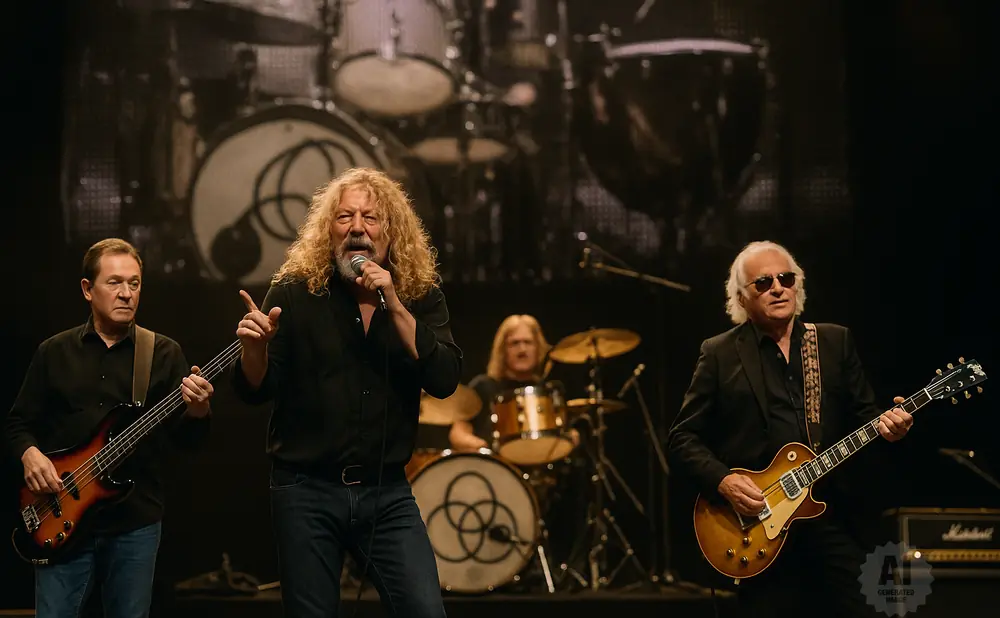 Robert Plant and his band perform on stage, with a drummer in the background.