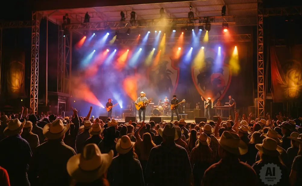 Country band performs on stage for a crowd, many wearing cowboy hats.