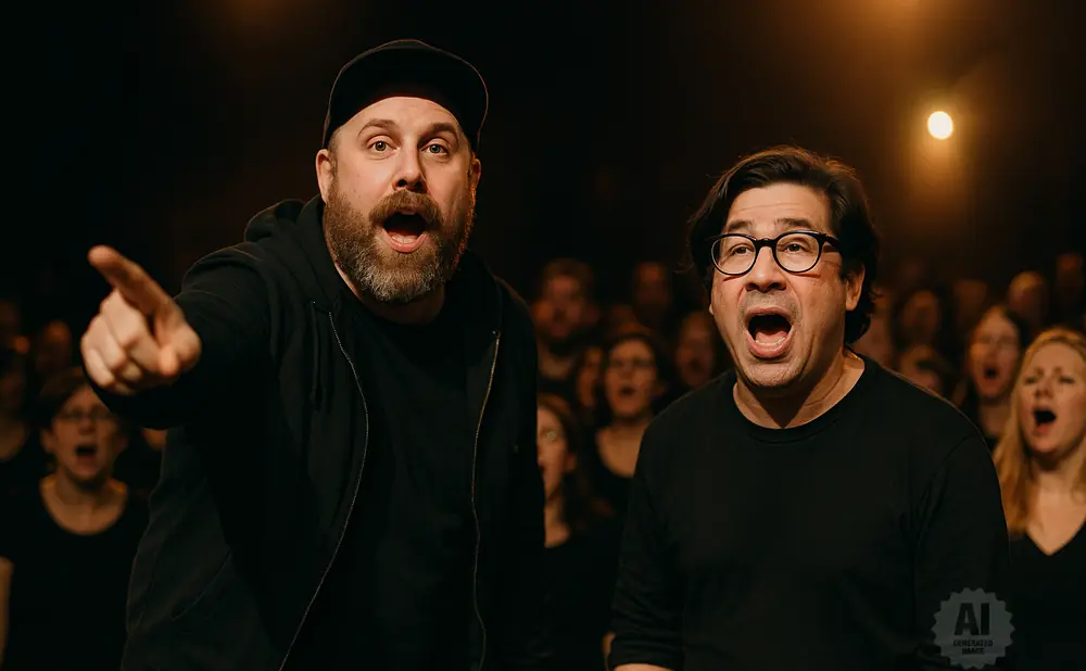 Two men sing with mouths open, one pointing forward, in front of a blurred chorus.