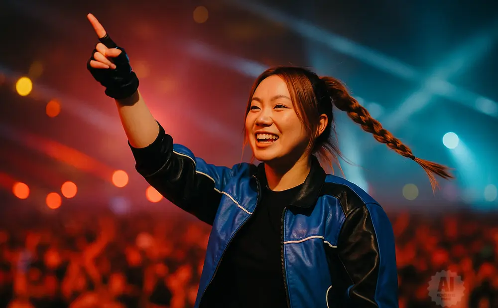 A young woman with a braid points up while smiling on a stage with red and blue lights.