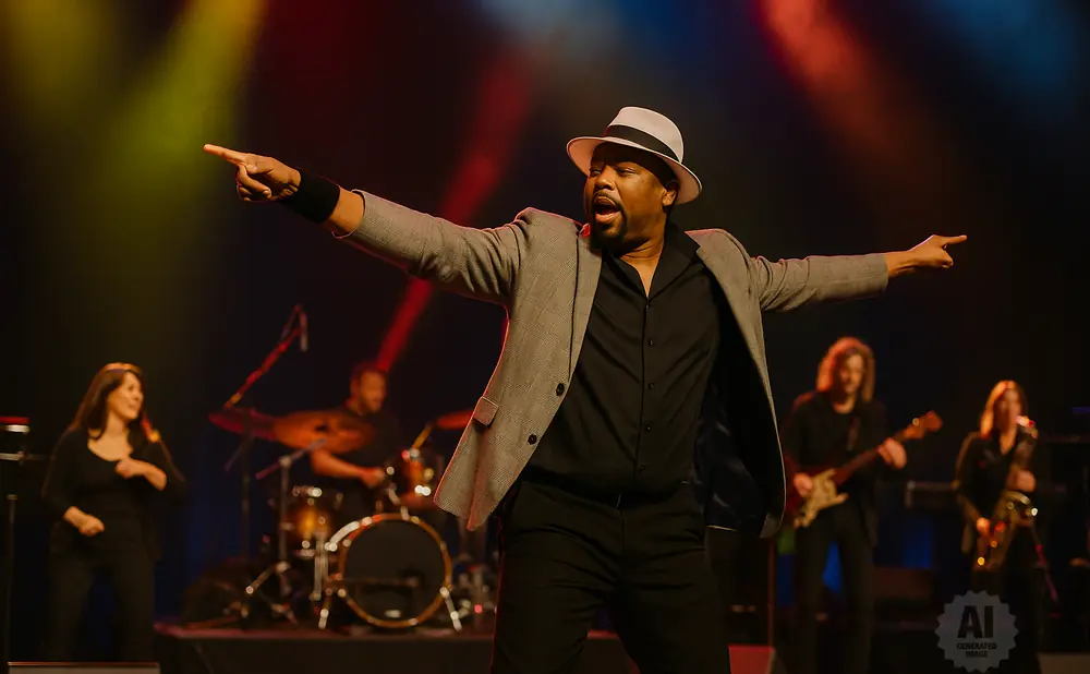 A man in a hat and suit points while singing on stage with a band behind him.
