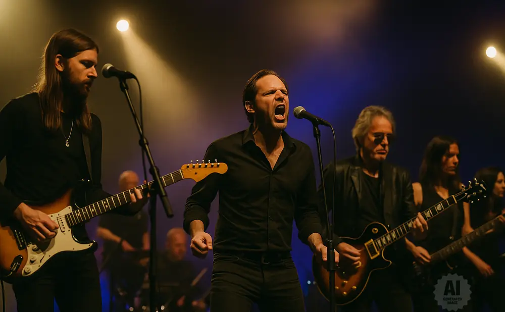 A band performs on stage, with singers and guitarists in black clothing.