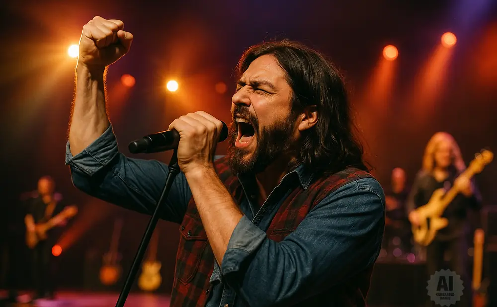 A male singer with long hair belts into a microphone with his fist raised in a performance.