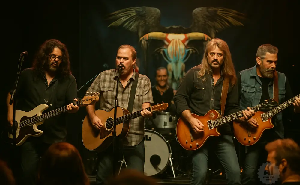 A band plays music on a stage in front of a large, colorful eagle graphic.