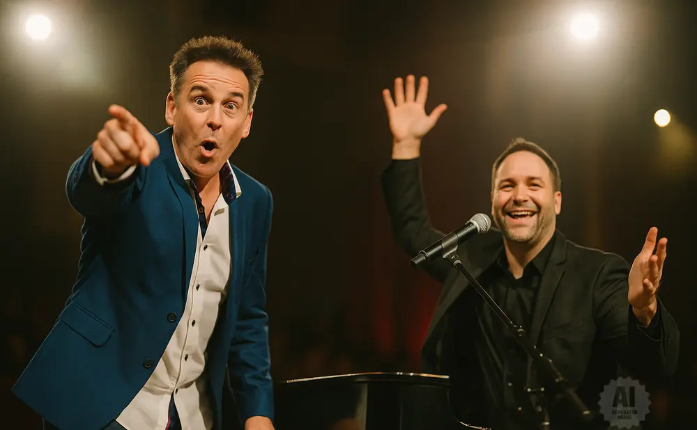 A man in a blue jacket points while another in a black suit raises his hand by a piano.