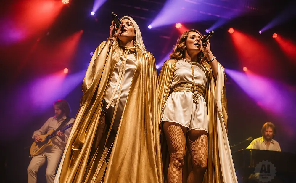 Two women in gold capes and white outfits sing into microphones on a stage with purple and red lights.