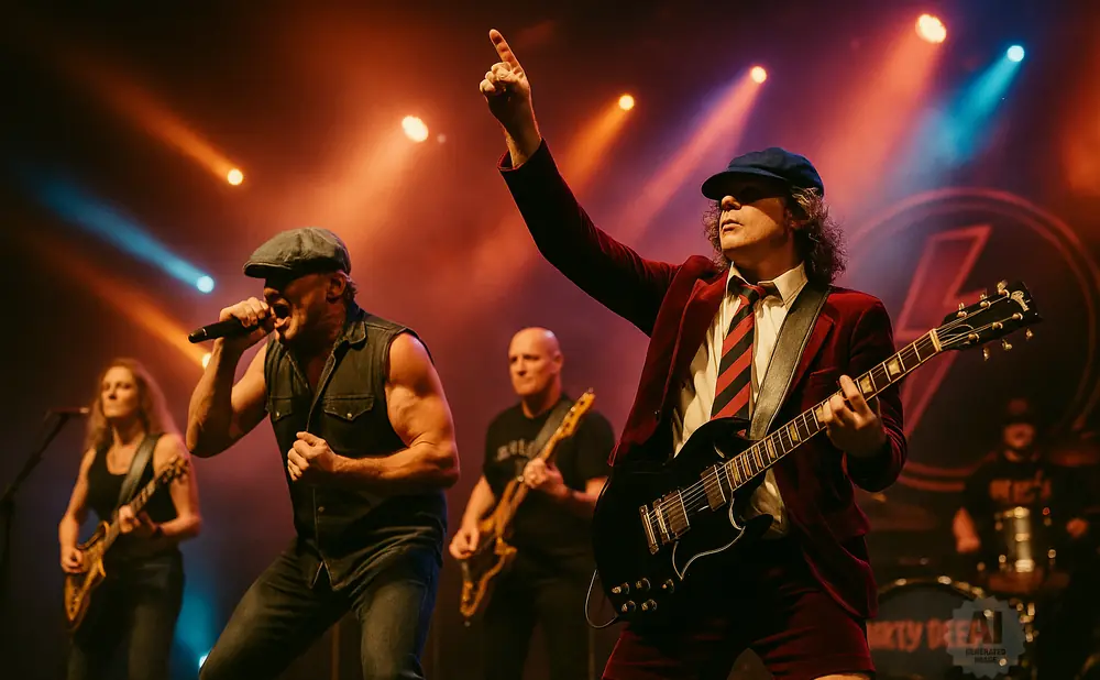 A band performs on stage with red and blue lights. The lead singer points his finger in the air.