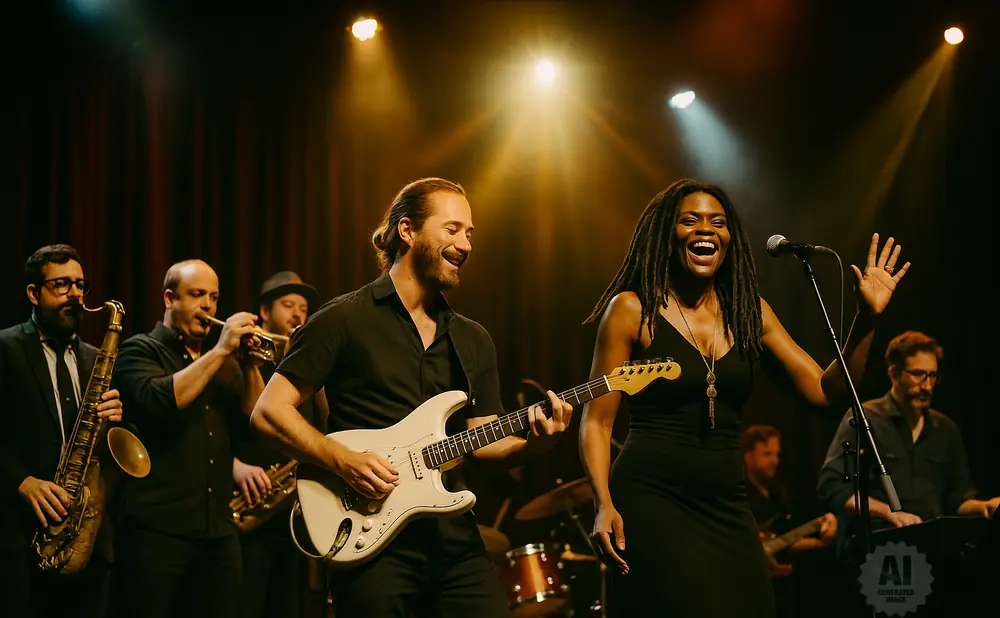 A band performs on stage, with a female singer and male guitarist in the foreground.