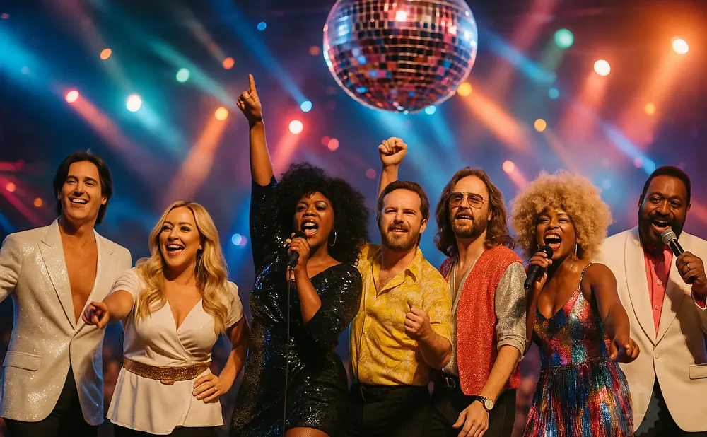 A diverse group of six people in 1970s attire sing into microphones under a disco ball.