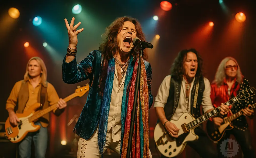 A rock band performs on stage with a lead singer in a colorful jacket and scarf.