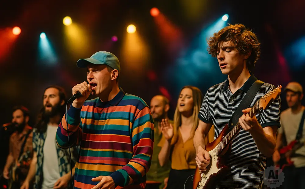A band performs on stage with colorful lights. The lead singer wears a striped shirt and blue cap, while a guitarist plays an electric guitar.