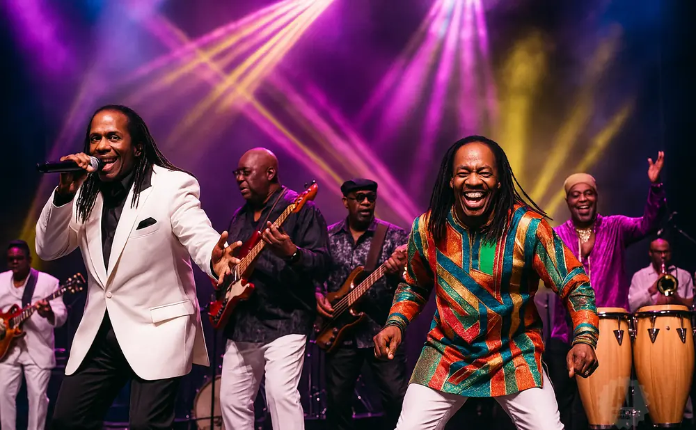 A band performs on stage with colorful lights.