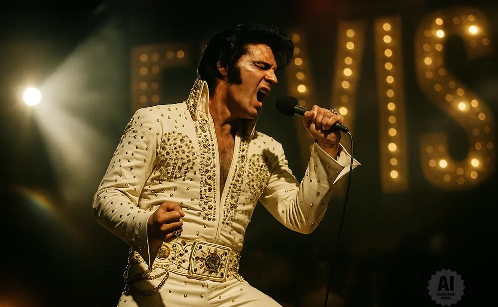 Elvis Presley in a sequined jumpsuit sings into a microphone, with illuminated 