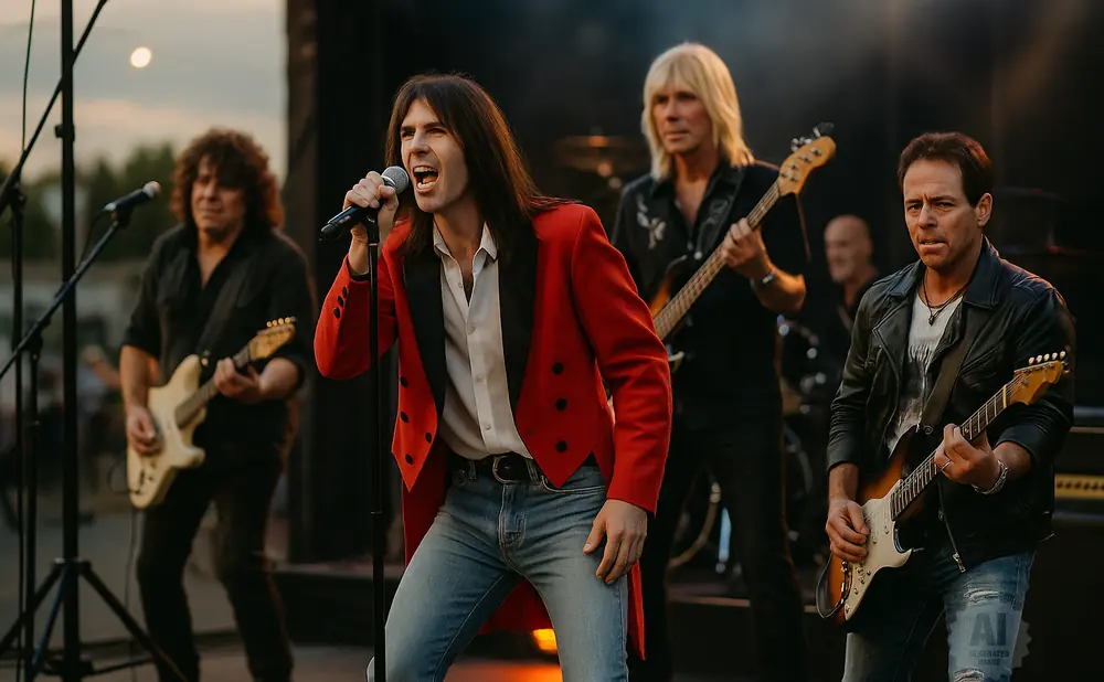 A rock band performs on stage at dusk, with the lead singer in a red jacket in the foreground.