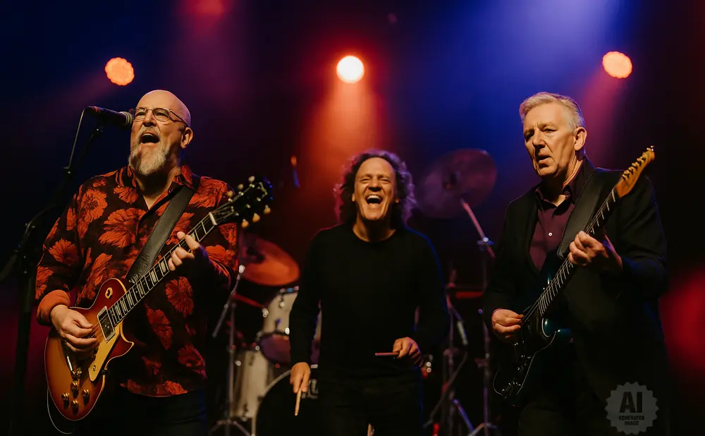 Three musicians performing on stage with guitars and drums.