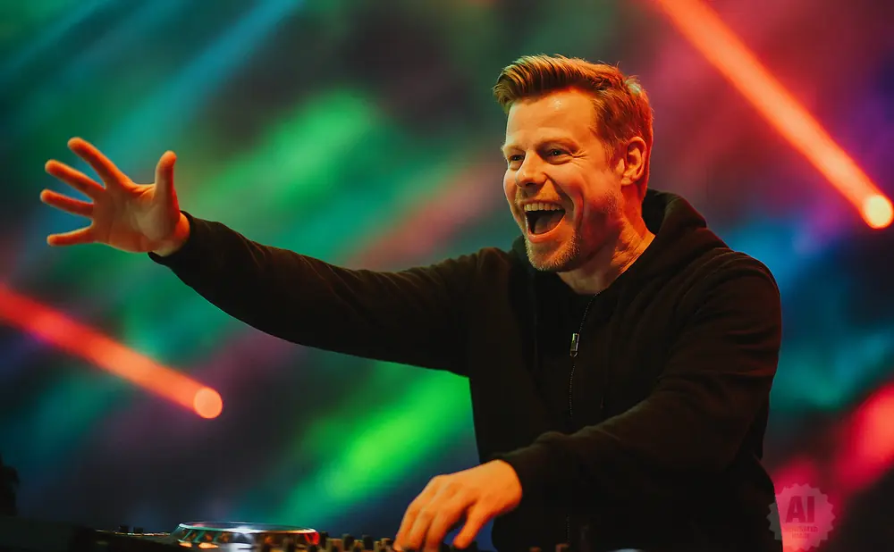 A joyful DJ with blonde hair and a beard in a black hoodie, reaching out with one hand while mixing on a DJ board, illuminated by colorful stage lights.