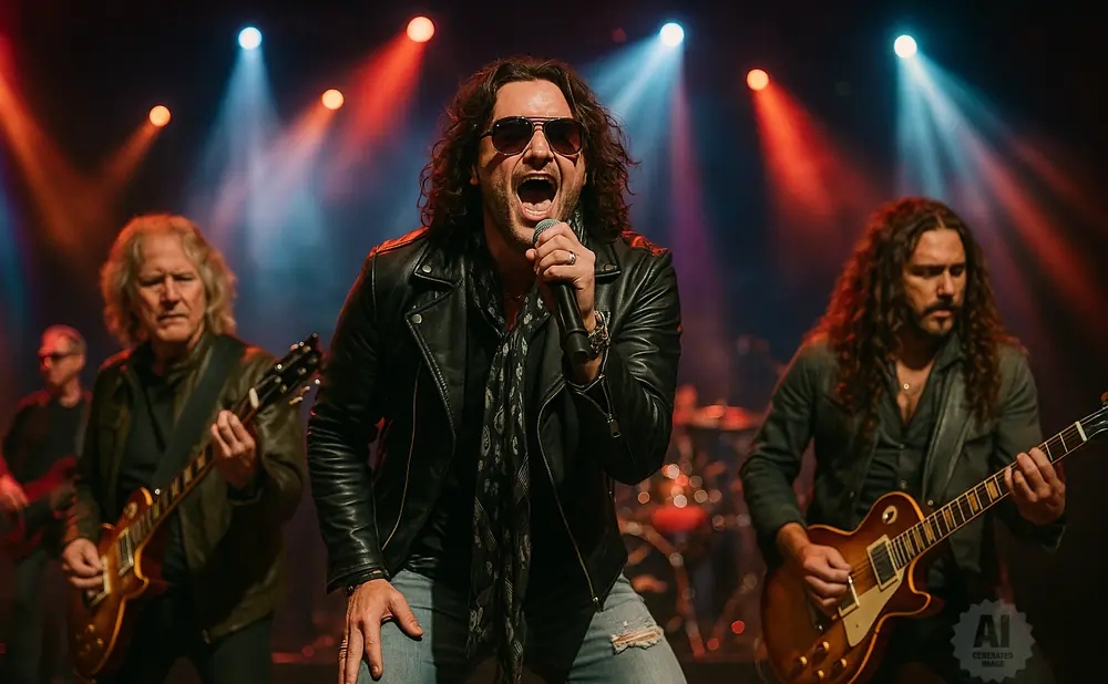 A rock band performs on stage, with a singer in the foreground and guitarists on either side.