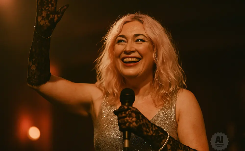 A smiling woman with blonde hair and a sparkly dress holds a microphone and raises her left hand.