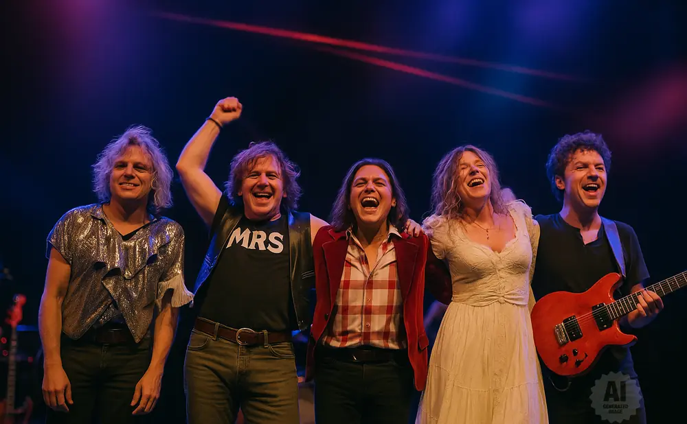 Band members on stage, smiling and laughing. Two men in the front wear sparkly shirts, one with 