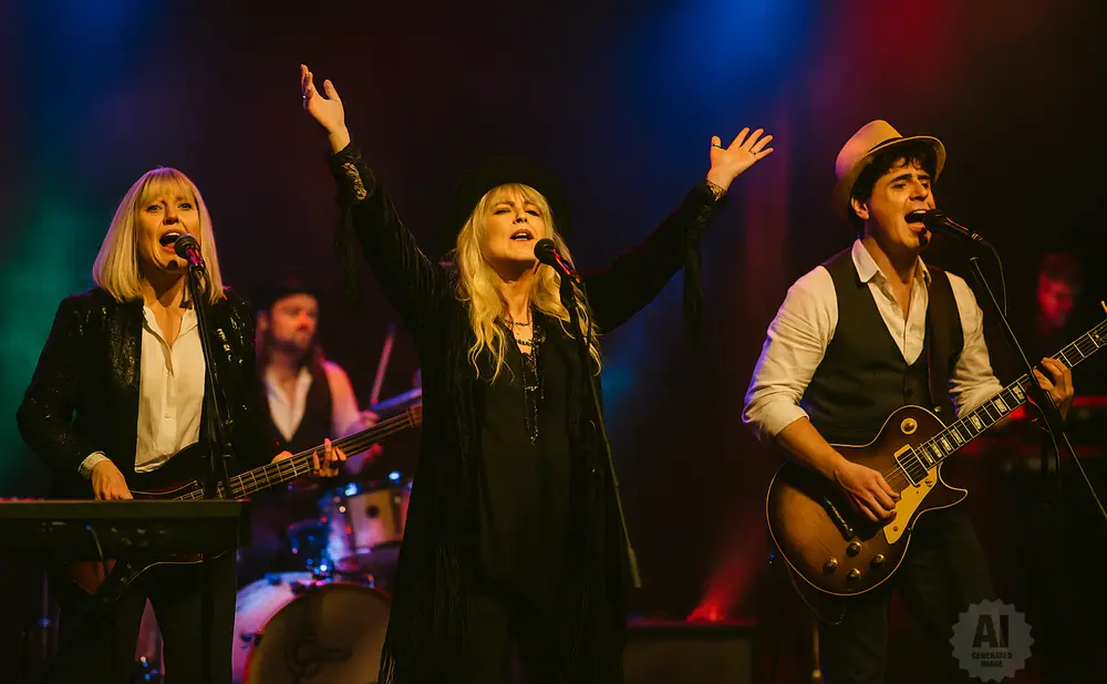 A band performs on stage with colorful lighting. The lead singer in the center has her arms raised.