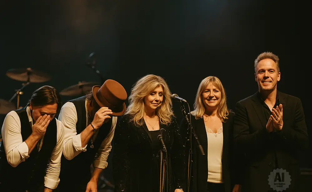 A band of five musicians bows on stage, with two men in the foreground covering their faces.