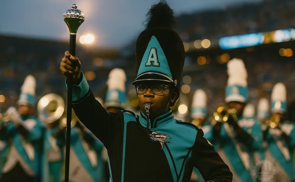 A drum major in a turquoise and black uniform and tall hat leads a marching band.