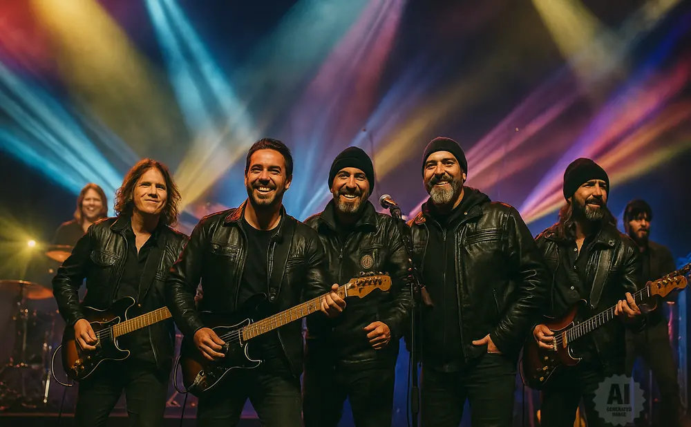 A band of six men in leather jackets playing guitars on a brightly lit stage.