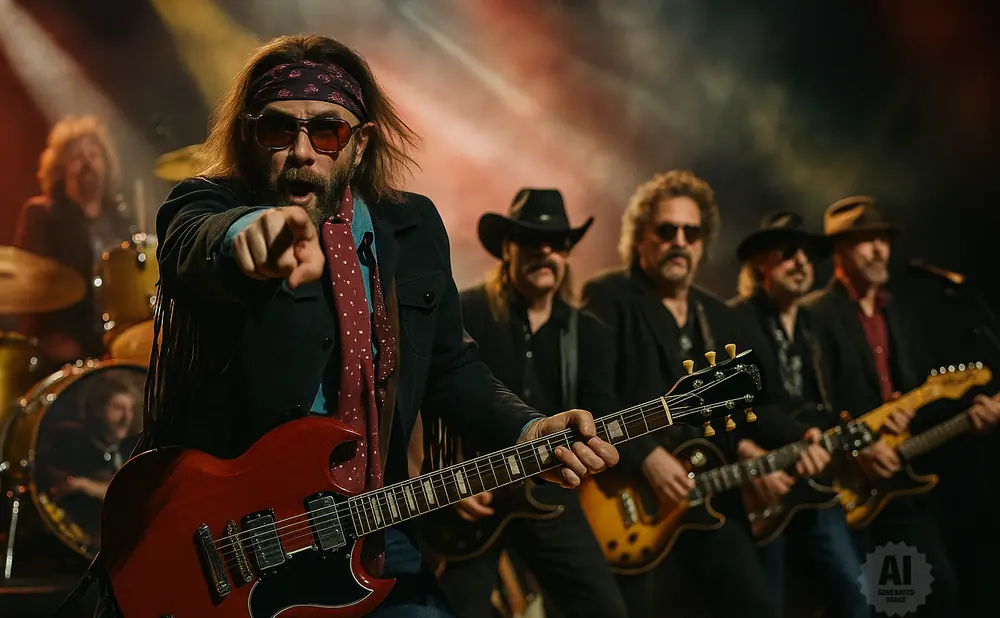 A band performs on stage with the lead singer pointing at the camera while playing a red guitar.