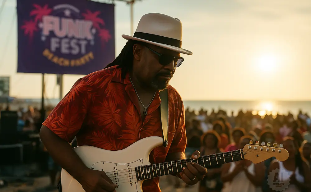 Guitarist plays at a beach festival during sunset with a crowd in the background.