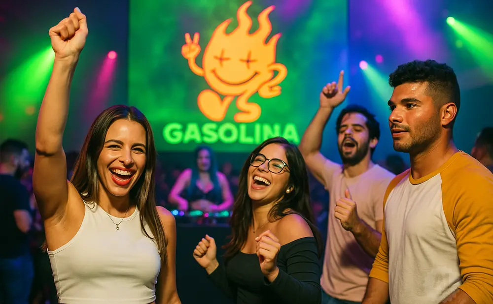 Young adults dancing and smiling at a nightclub with a 