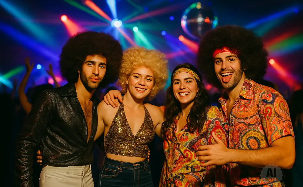 Four friends in 70s disco attire with afros and colorful outfits dance under disco lights.