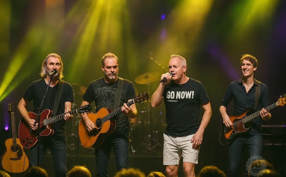 A band performs on stage with yellow and purple spotlights. One man sings into a microphone, another plays guitar, and a third plays bass guitar.