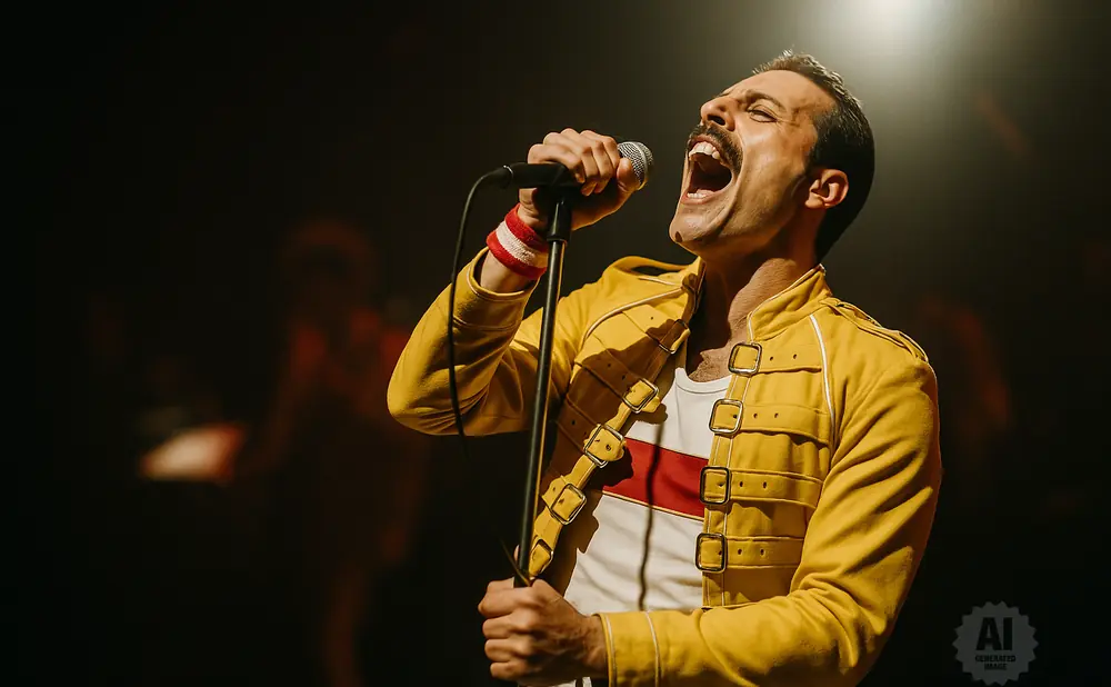 A man in a yellow jacket sings into a microphone on stage.