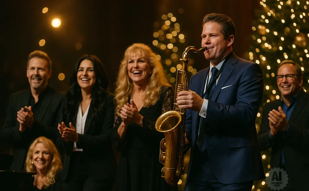 A band plays a saxophone in front of a Christmas tree.