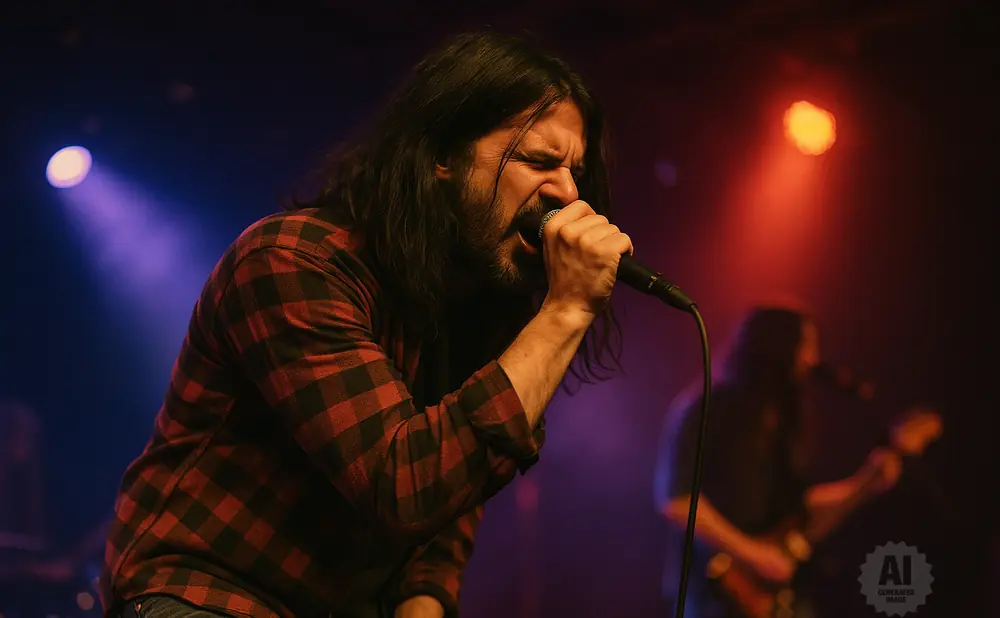 A man with long hair sings into a microphone on a dimly lit stage, wearing a red and black plaid shirt.