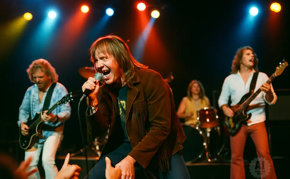 A band performs on stage with a singer in the foreground and other musicians playing guitar and drums.
