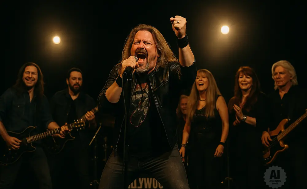 A rock band performs on stage with the lead singer in the spotlight, fist raised.